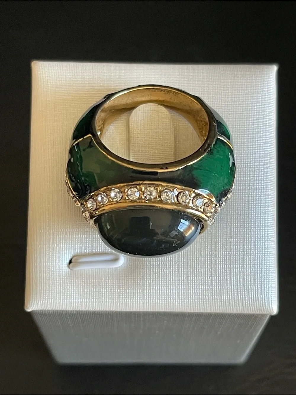 Vintage Green cabochon & green enamel Statement Ring with Crystal Halo.